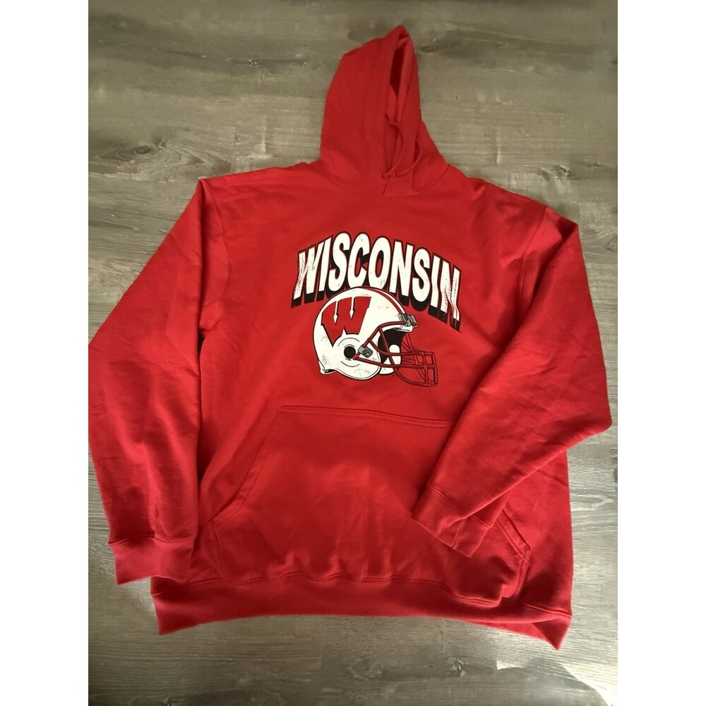 Vintage Wisconsin Badger Football Hoodie Sweatshirt Extra Large Red Y2K